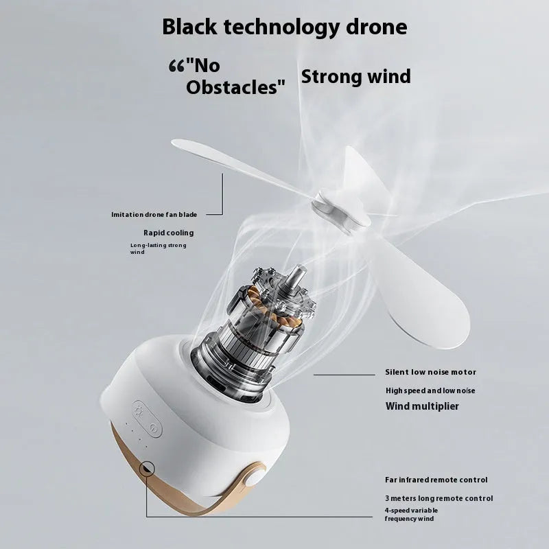 Small white rechargeable ceiling fan with blades and LED light, shown with remote control and charging cable.