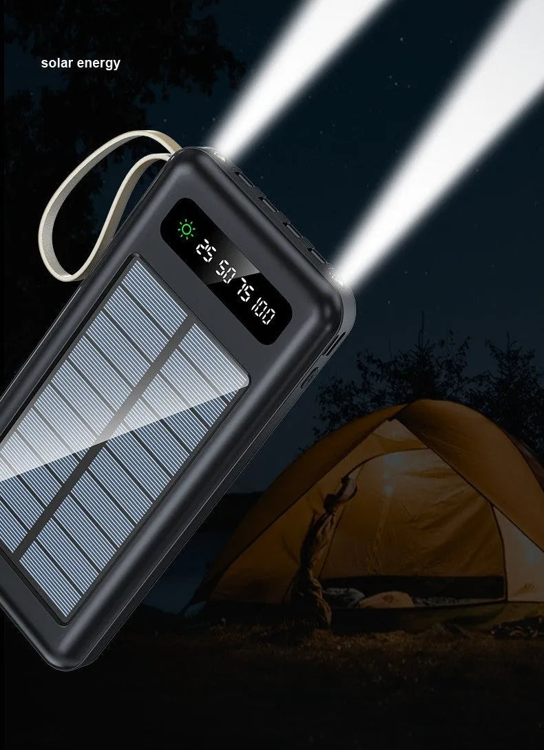 Black and white solar power bank showing front panel with solar cells and dimensions 144x68x16mm.