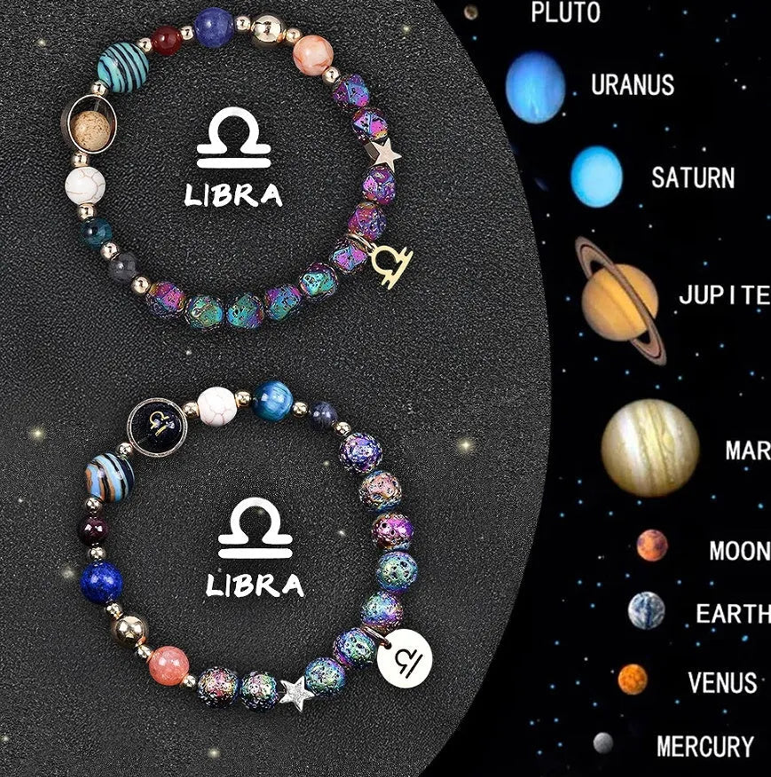 Two natural stone beaded bracelets showing different zodiac sign charms on an adjustable cord.