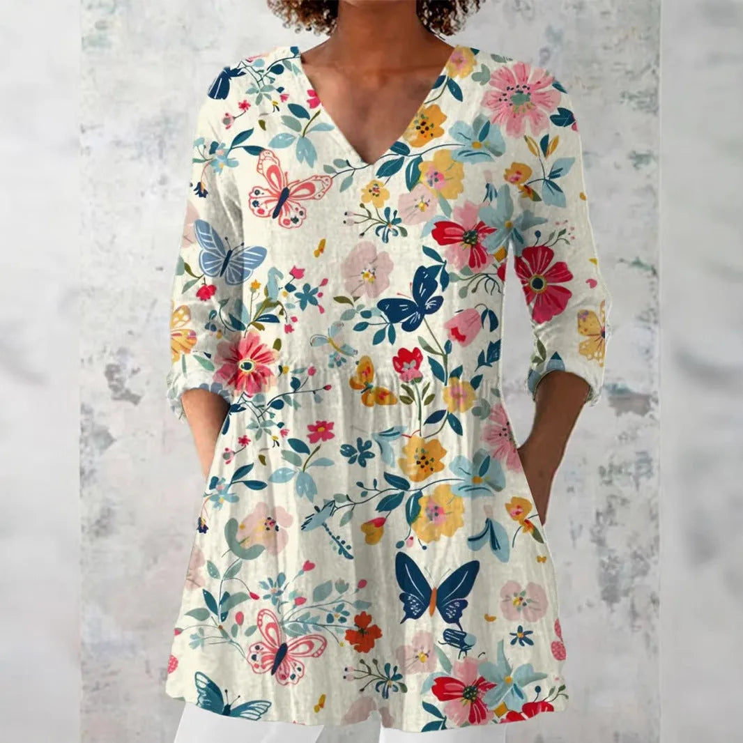 Women's retro slim fit printed long-sleeved top in polyester fabric with digital printing design