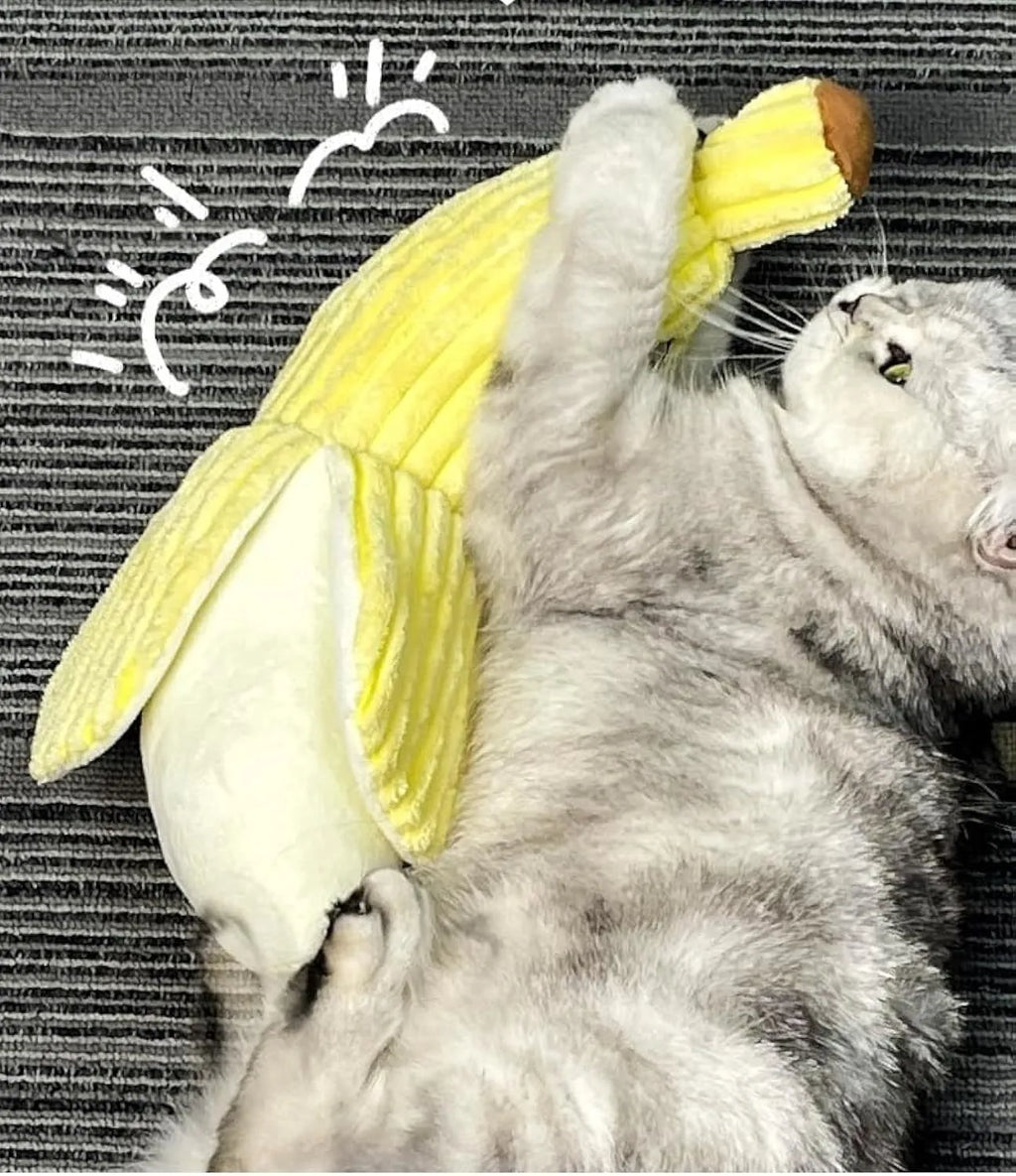 Yellow banana-shaped plush cat toy with crinkle paper sound element