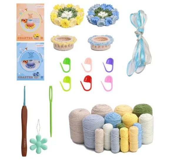 Ugly doll crocheted material package with white wool blend yarn ball and blue-yellow coaster model