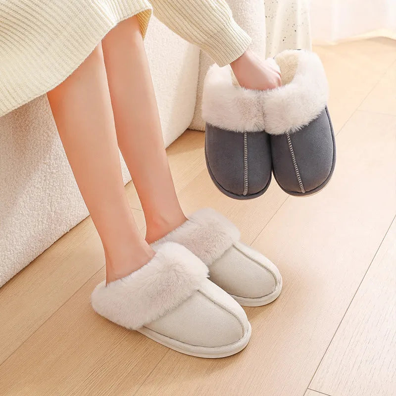 Women's plush winter slippers with round toe, flat heel, and PVC anti-slip sole