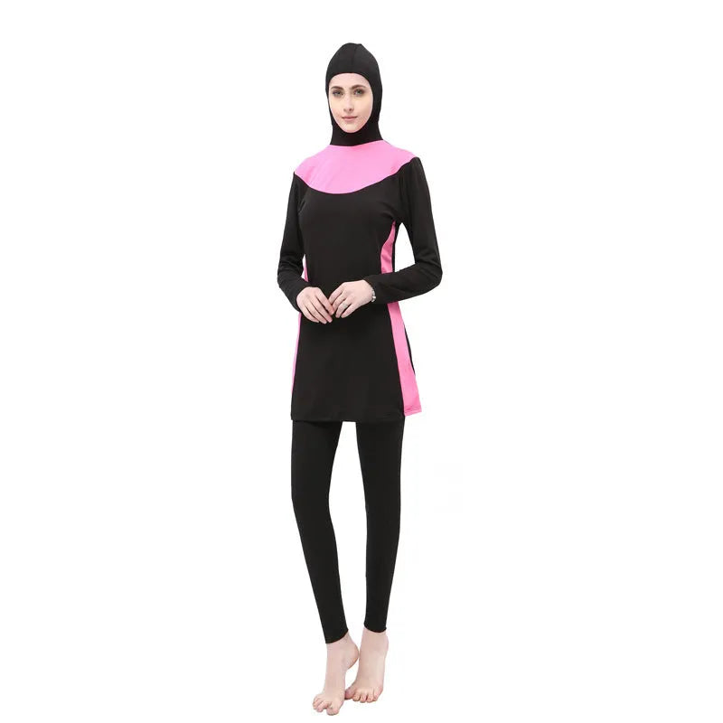 Women's black hooded long sleeve swimsuit with rose red accents, shown as separate top and pants