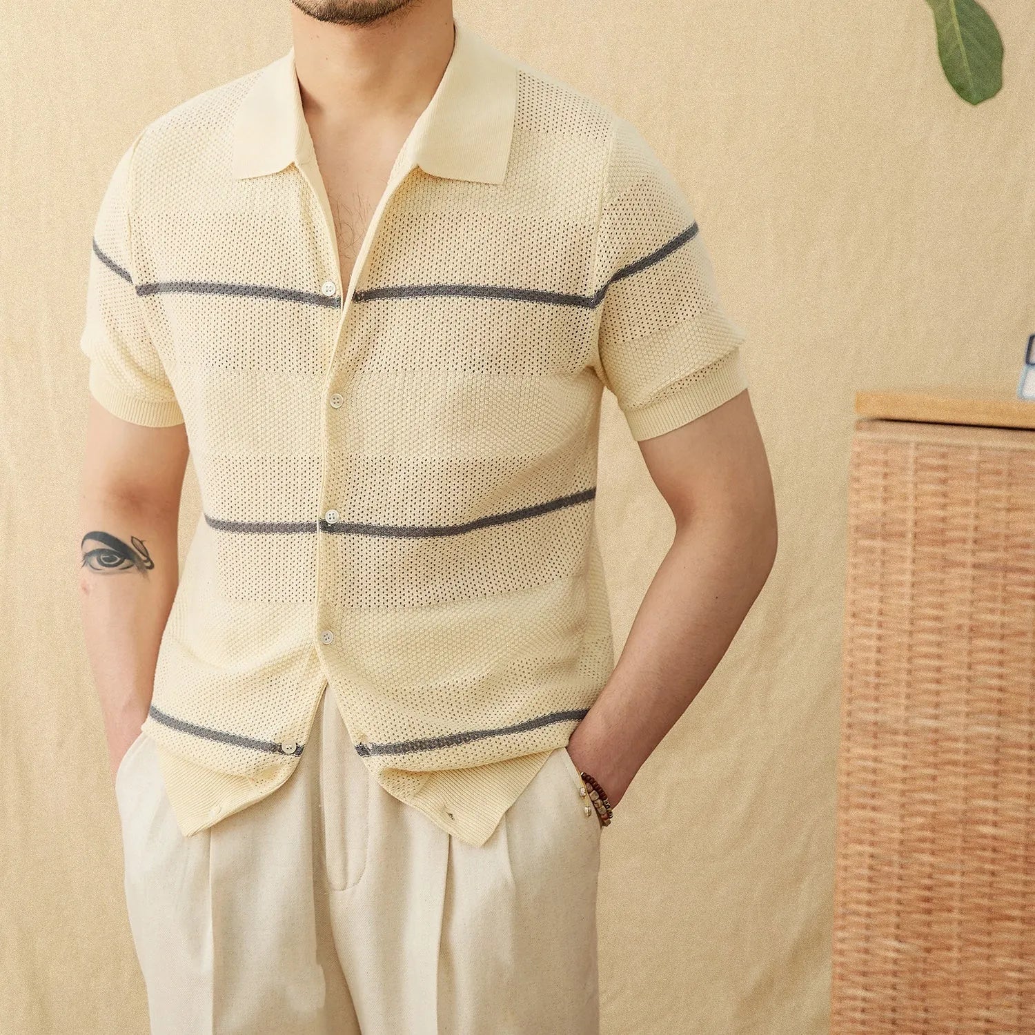 Casual lapel cardigan in thin cotton linen blend fabric, camel colour with short sleeves