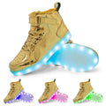 Black high-top LED light-up shoes with Velcro strap and glowing soles