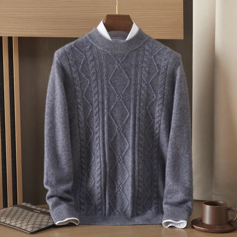 Men's semi-high diamond twisted wool pullover in wine red, loose fit, long sleeve, autumn casual wear