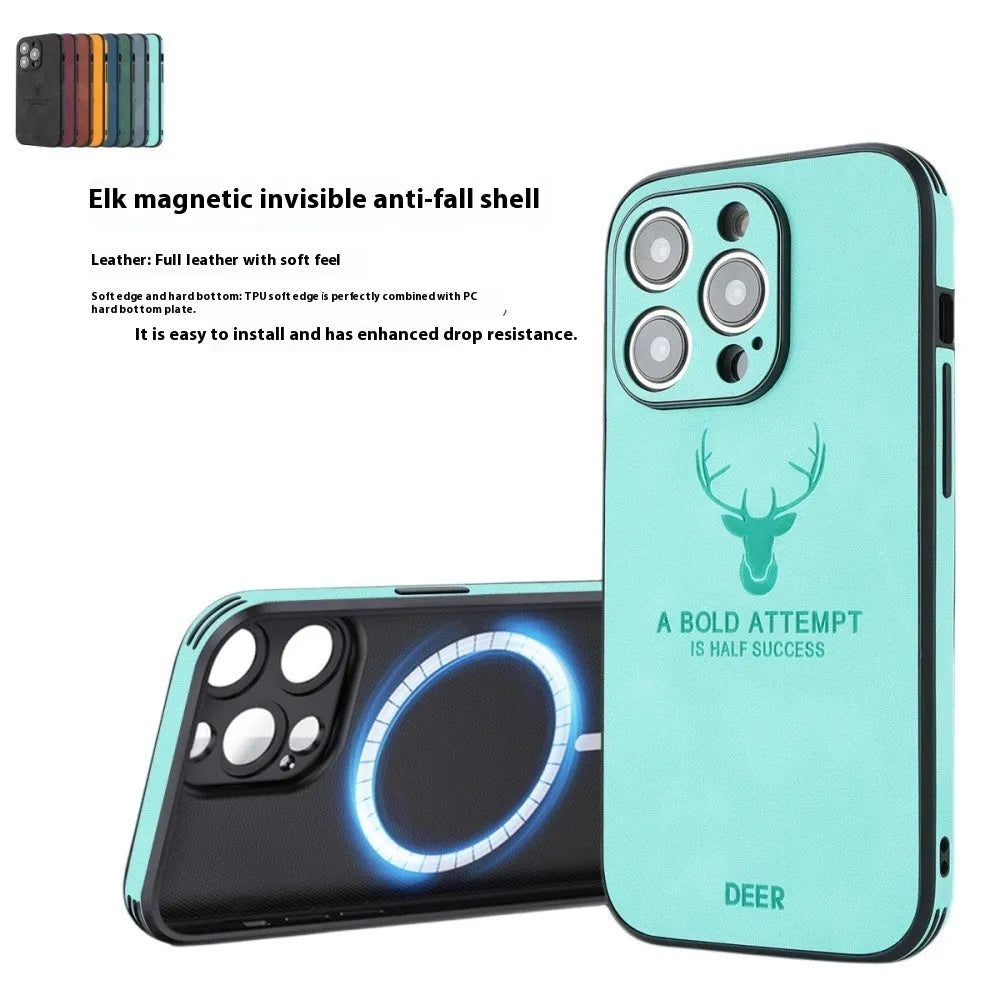 iPhone 16 series magnetic charging phone case with embossed brown moose head design on imitation leather.