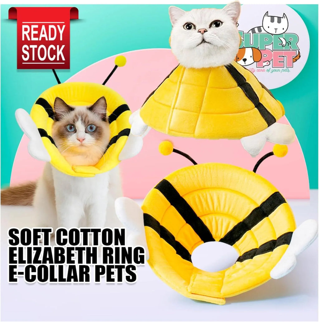 Soft white cat cone collar with black bee design and yellow wings, showing Velcro closure strap.