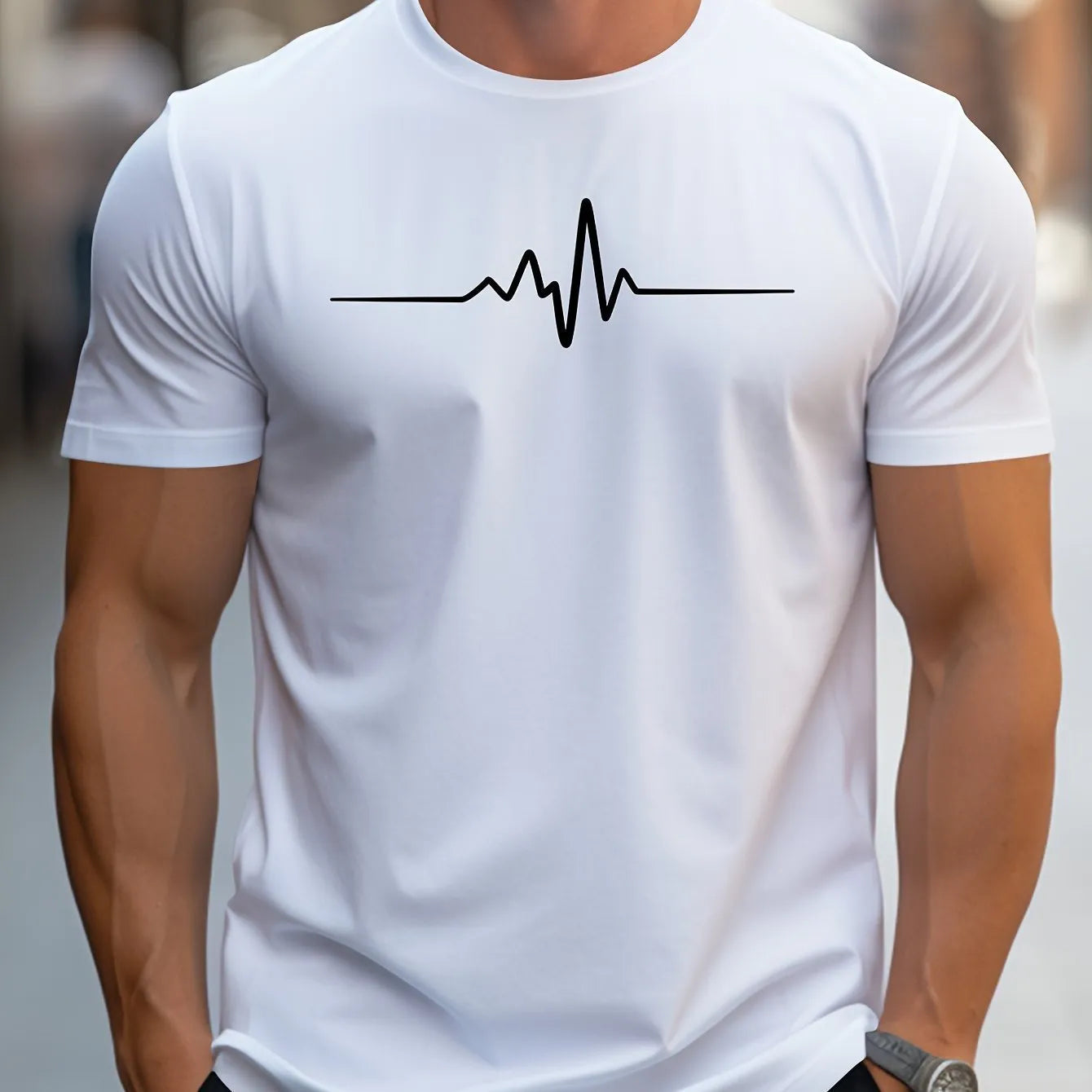 Men's 3D printed letter pattern sports t-shirt in a loose fit short sleeve style.