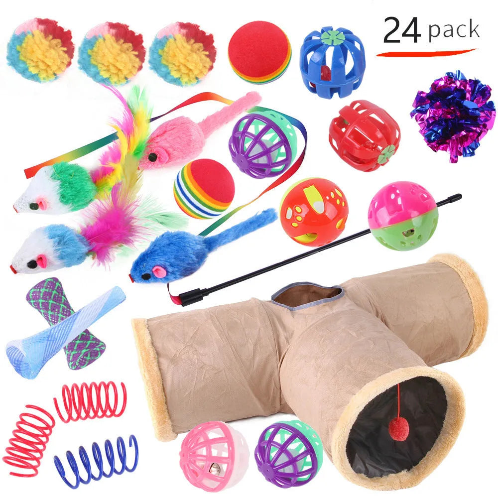 Plastic cat toy channel maze set with coloured accessories for feline play