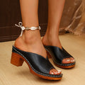 Women's beige thick heel slippers with round toe design and PU upper material