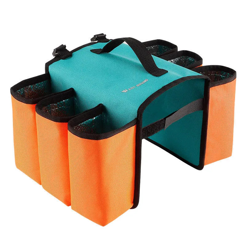 Double-sided black bicycle beverage bag mounted on bike frame showing 2 litre capacity