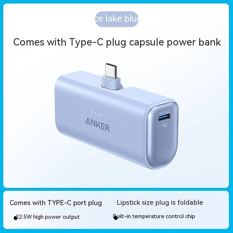 Capsule-shaped 5000mAh power bank in various colours showing Type-C port and foldable C head