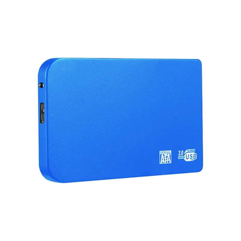 Silver metal external solid state drive with USB cable and cover next to packaging.