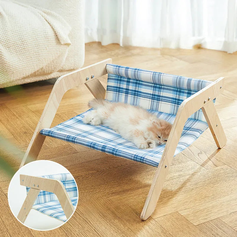 Wooden elevated cat beach chair bed with cloth cushion in blue or green colour