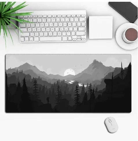 Custom anime graphic gaming mouse pad with non-slip rubber base on a desk.