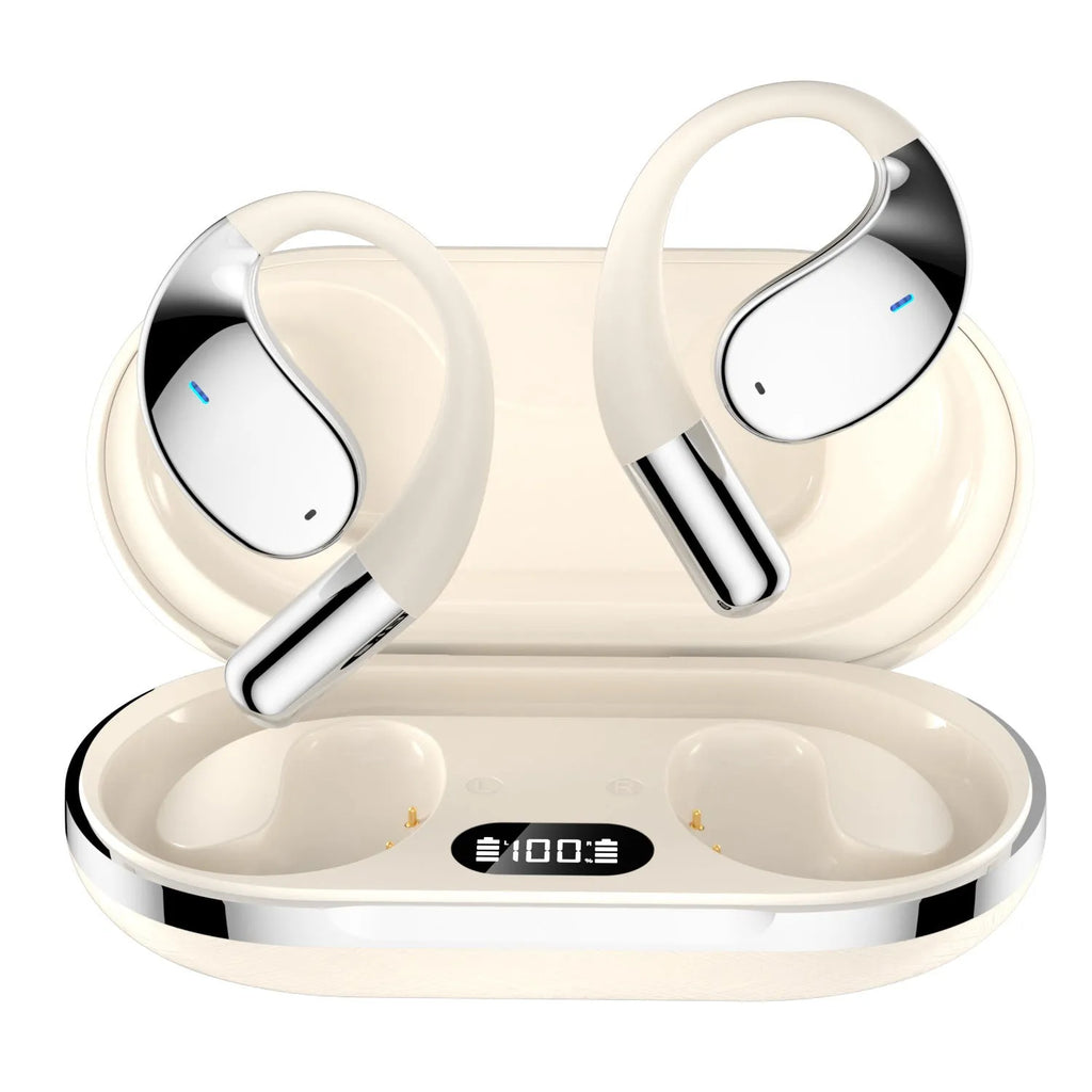 Black sports Bluetooth earphones with digital display screen and ear-mounted design
