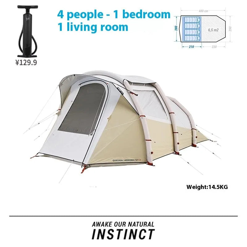 Inflatable camping tent for 4 people with hand pump, double-sheet design, polyethylene base, and shading rainfly