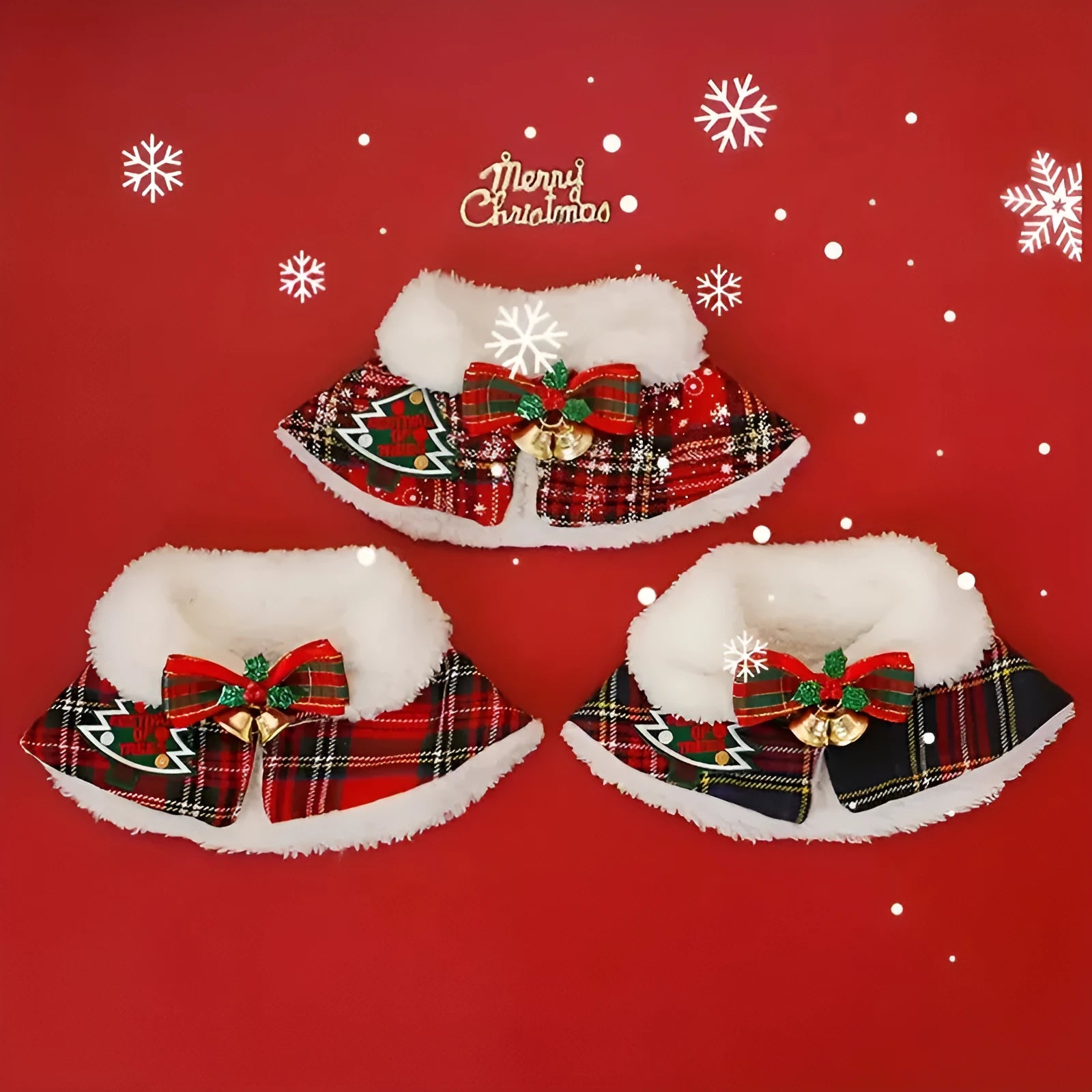 Pet wearing red Christmas cloak with bell design, draped over back with festive snowflake pattern