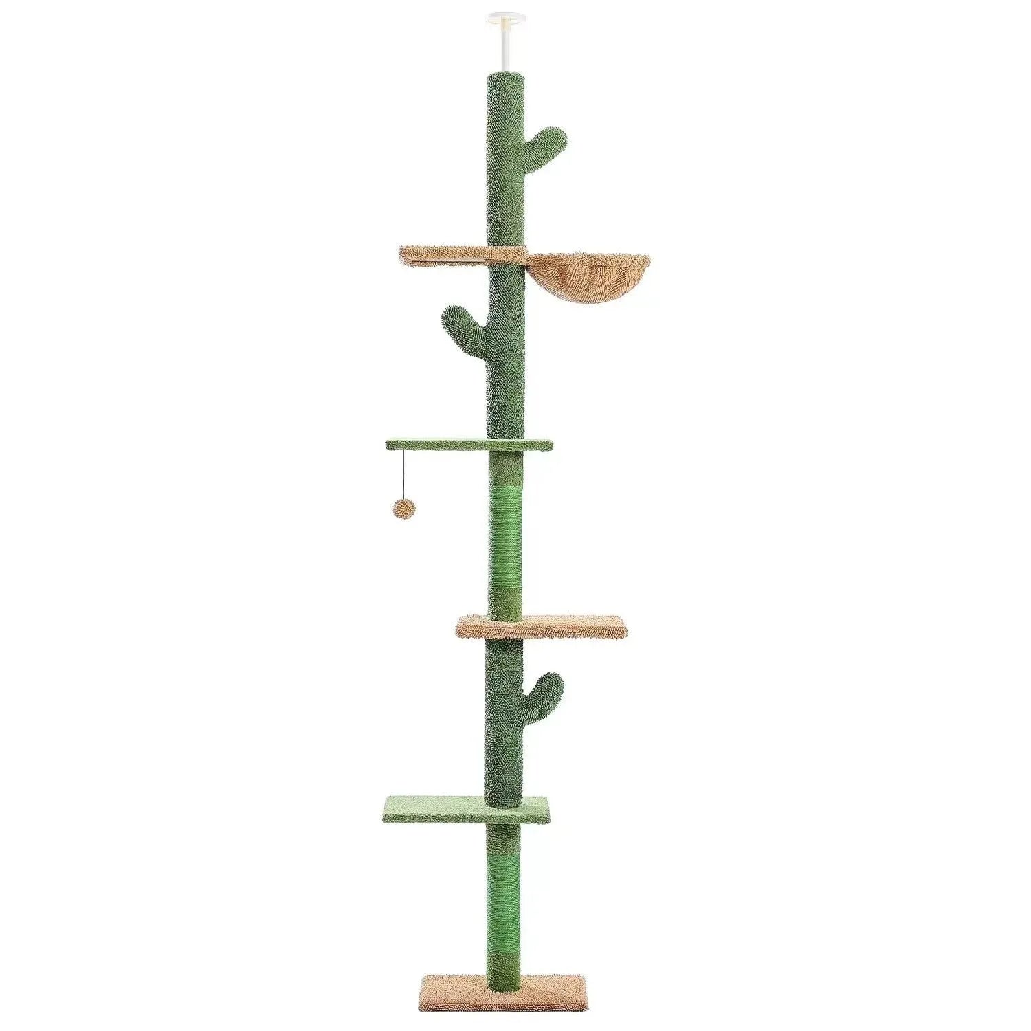 Tall solid wood cat climbing frame with integrated scratch board, cat nest, and hanging toy