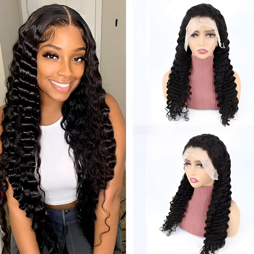A solid colour human hair half lace wig displayed on a stand, showing its natural-looking hairline and long, straight style.