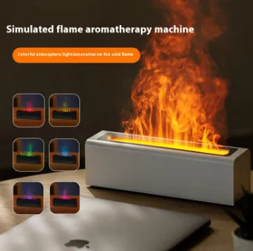 Square USB plug-in aroma diffuser with colourful flame lighting effect on wooden surface
