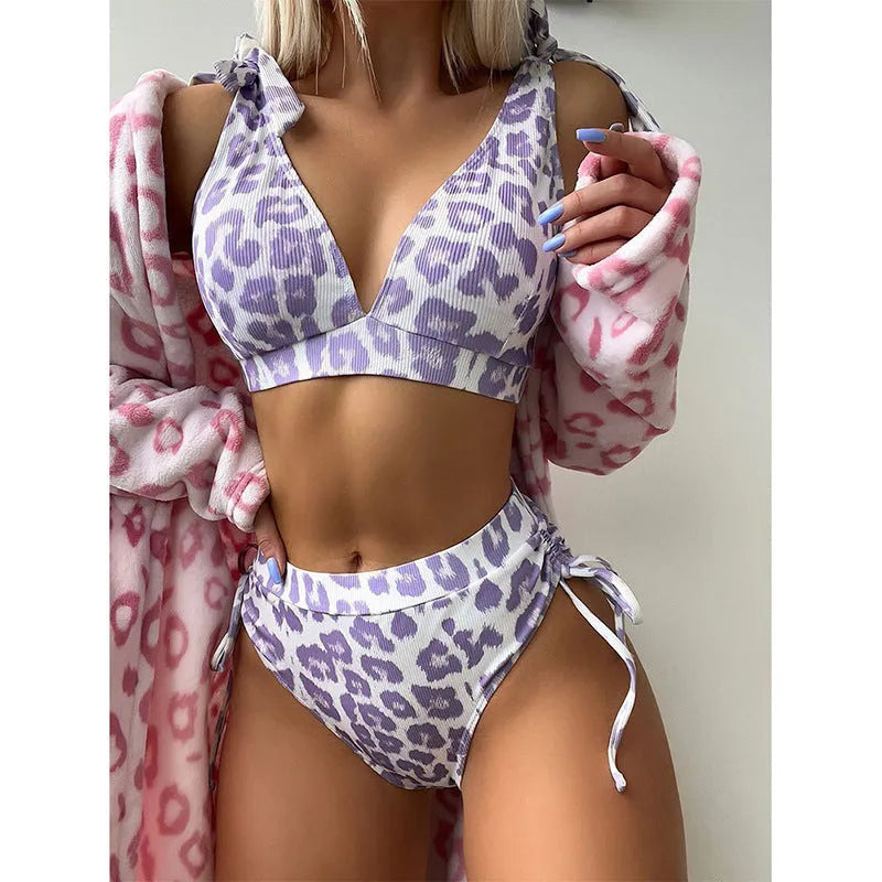 Women's purple leopard print sleeveless suit with lace-up chest top and high-waist shorts