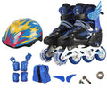 Children's adjustable roller skates in blue with protective pads, helmet, and backpack on a light background.
