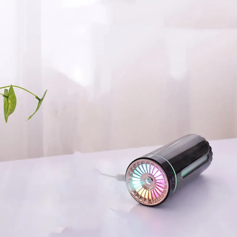 Wireless air humidifier with colorful lights, 69x69x125mm, black 9301A rechargeable model in car cup holder