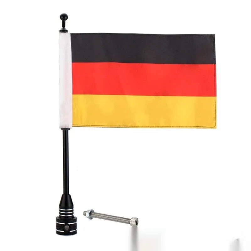 Motorcycle luggage rack flagpole for side box bumper mounting in black and silver finish options