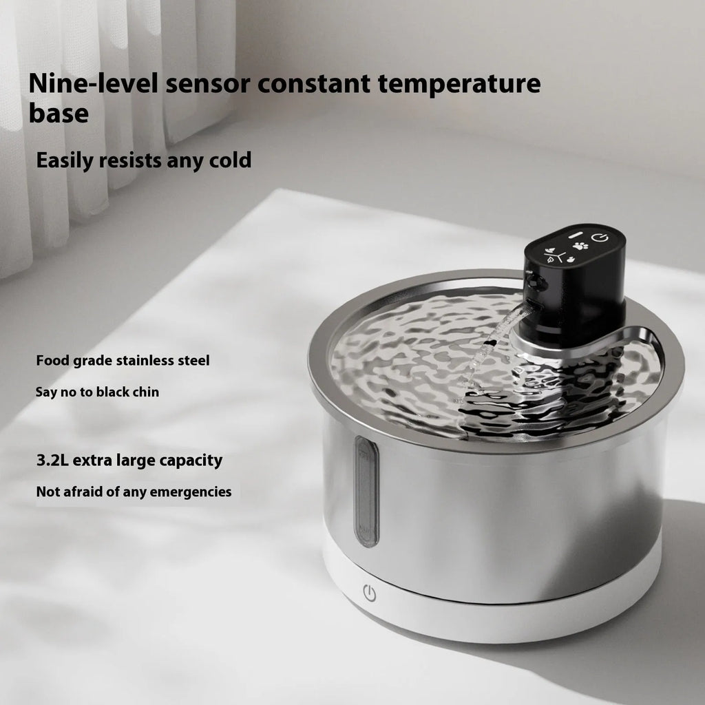 White stainless steel pet water fountain with temperature control base for cats and dogs