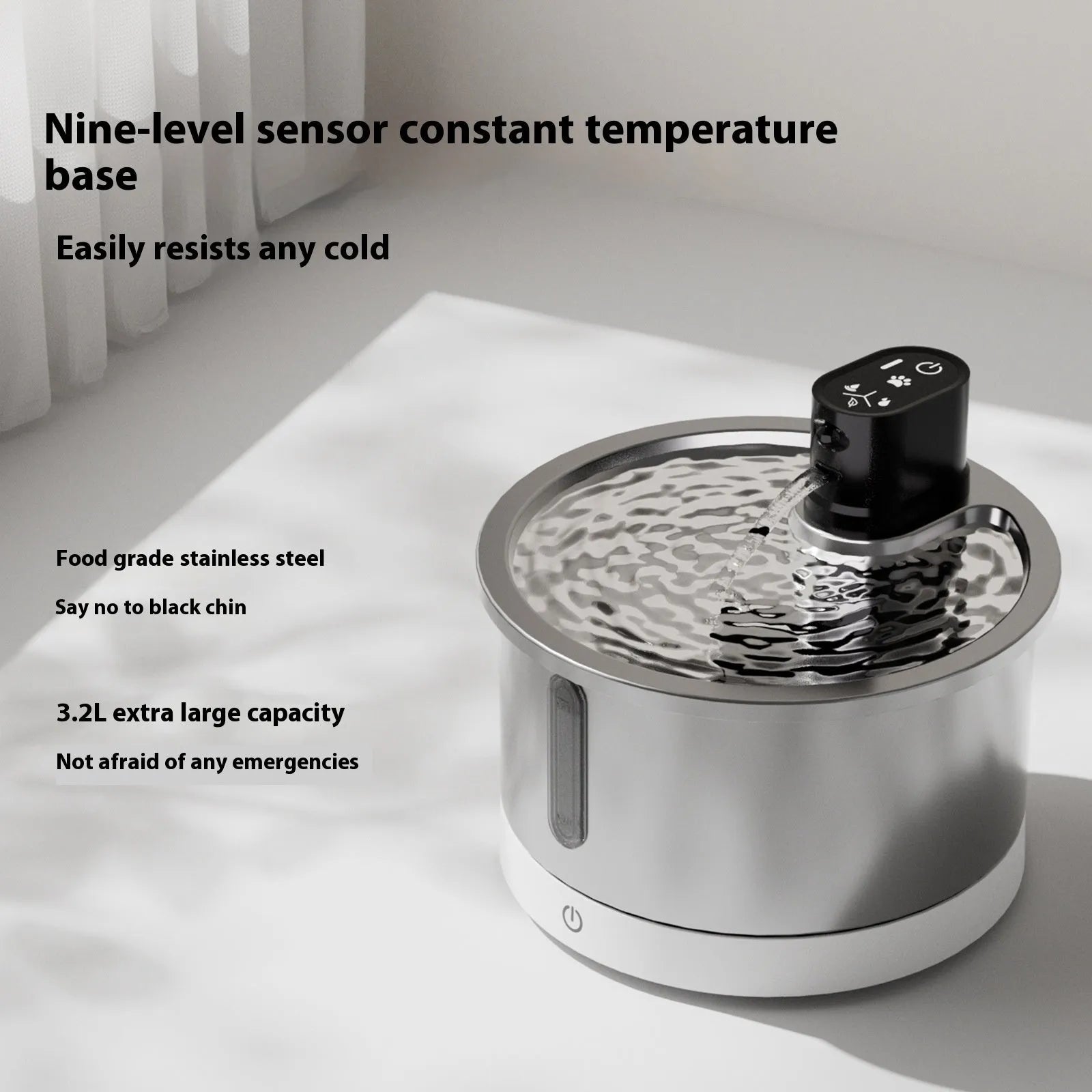 White stainless steel pet water fountain with temperature control base for cats and dogs