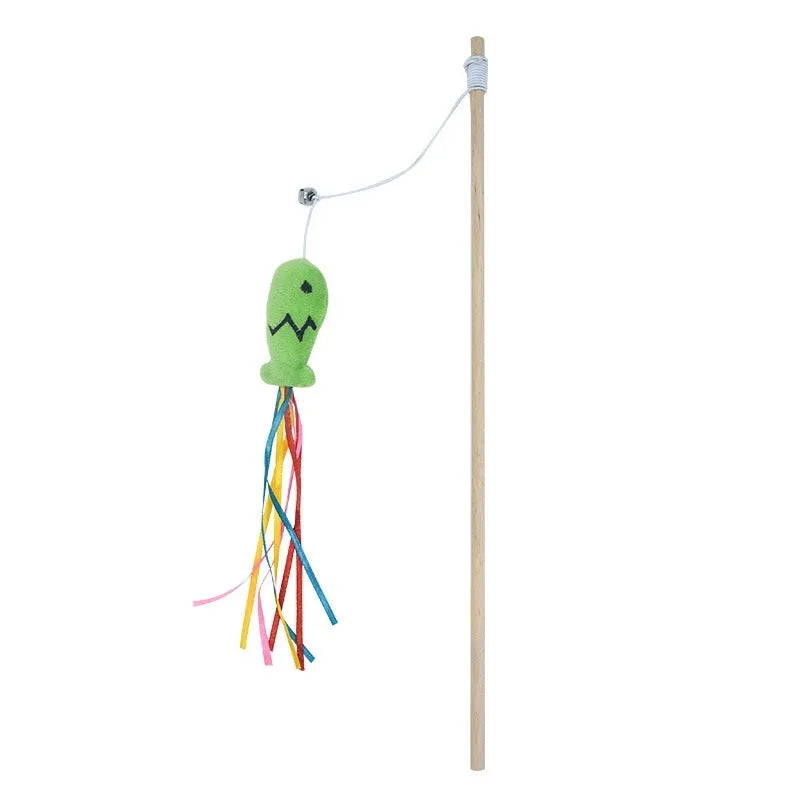 Wooden handle cat wand toy with catnip fish, ribbons and bell attachment in blue colour