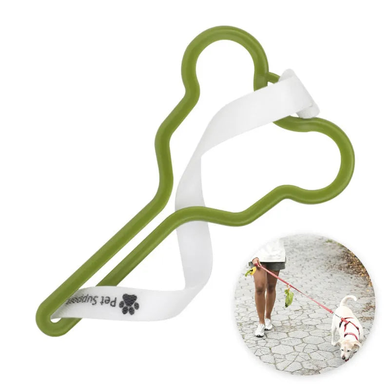A dog poop bag holder with a fixed clip and adjustable Velcro strap, shown in a random colour.