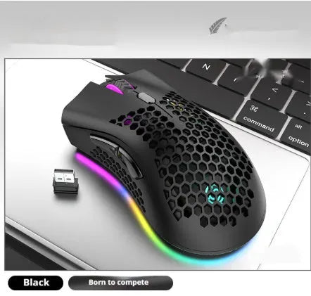 Hollow-out wireless gaming mouse with luminous charging feature in cyan colour.