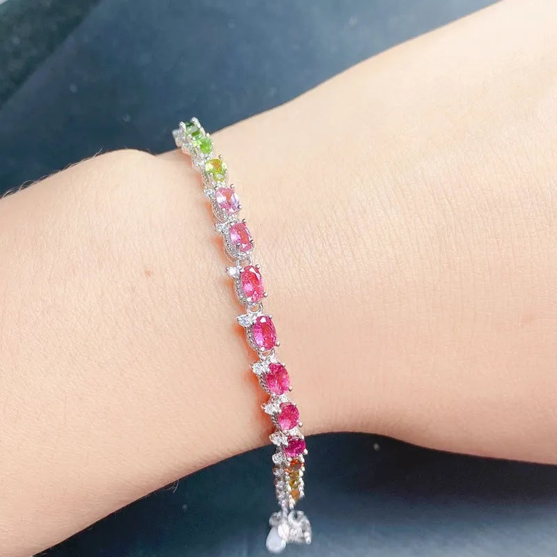 Women's natural tourmaline bracelet with 5x3mm stones in 925 sterling silver white gold colour finish