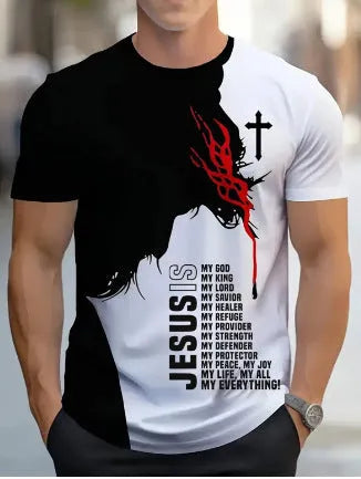 Men's striped short-sleeved t-shirt with digital 3D printing in loose fit polyester