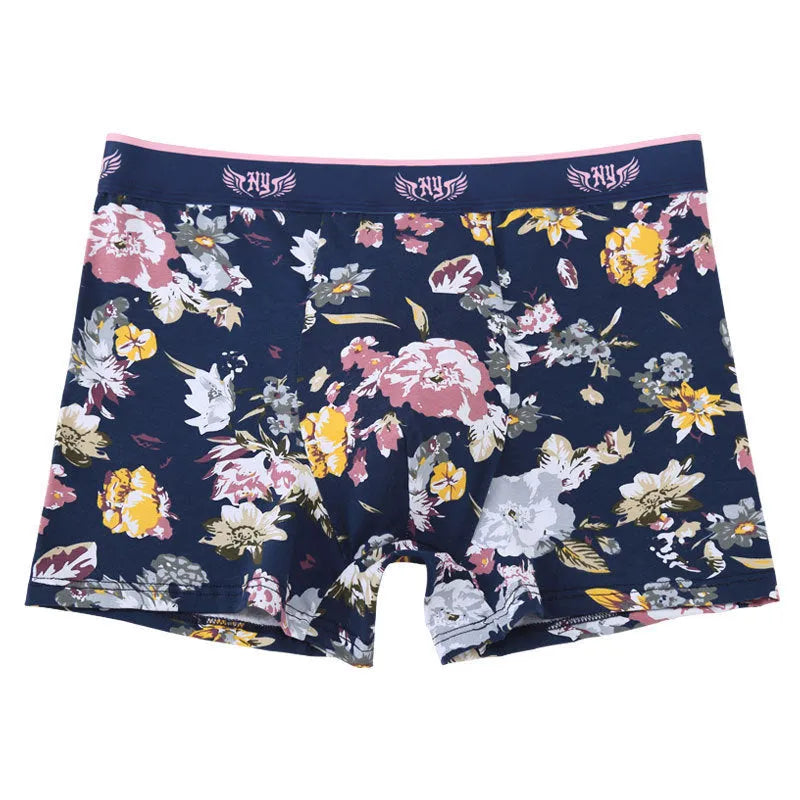 Purified cotton men's boxer briefs in a floral pattern showing mid waist and U-shaped pouch design.