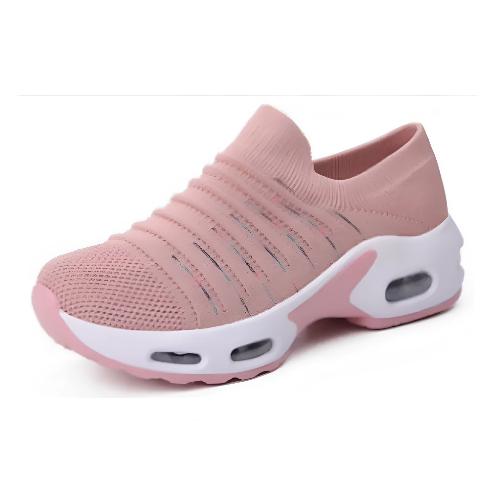 Women's stretch knitted sock shoes in various colours showing mesh upper and round toe design.