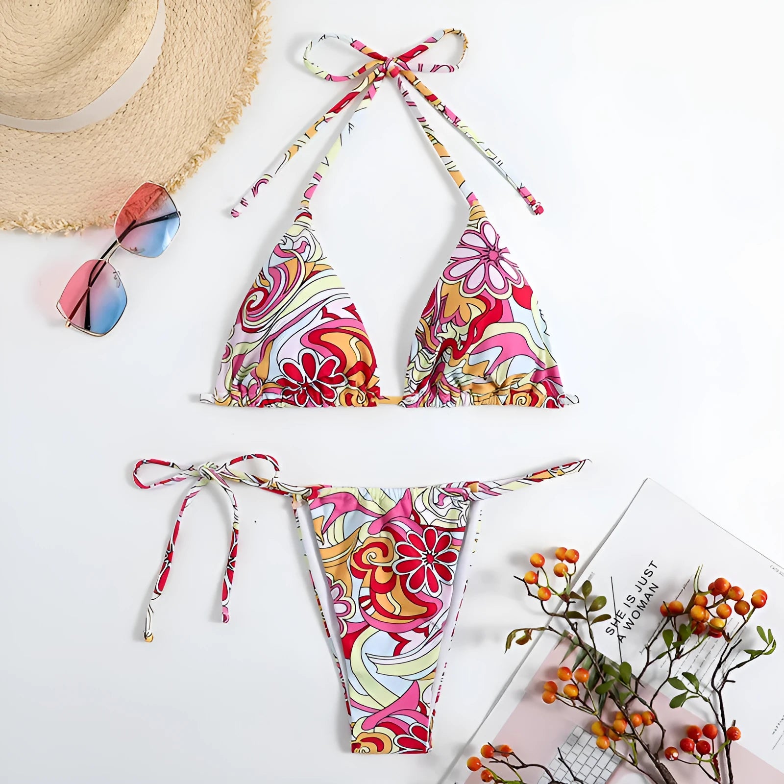 Women's multicolour triangle print bikini with hanging neck top and separate bottoms
