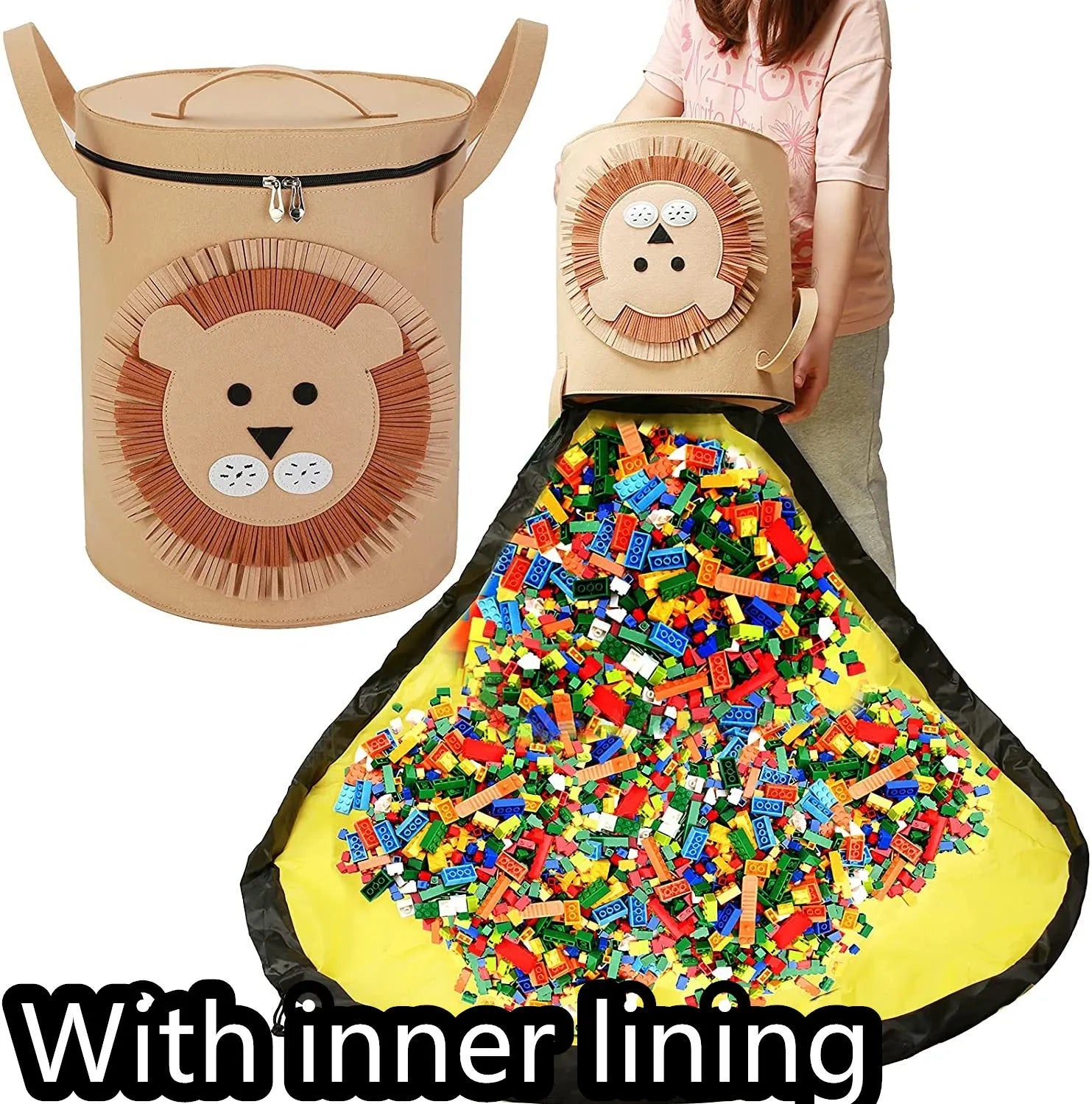 Green felt storage bag converted into a toy play mat with pull rope closure