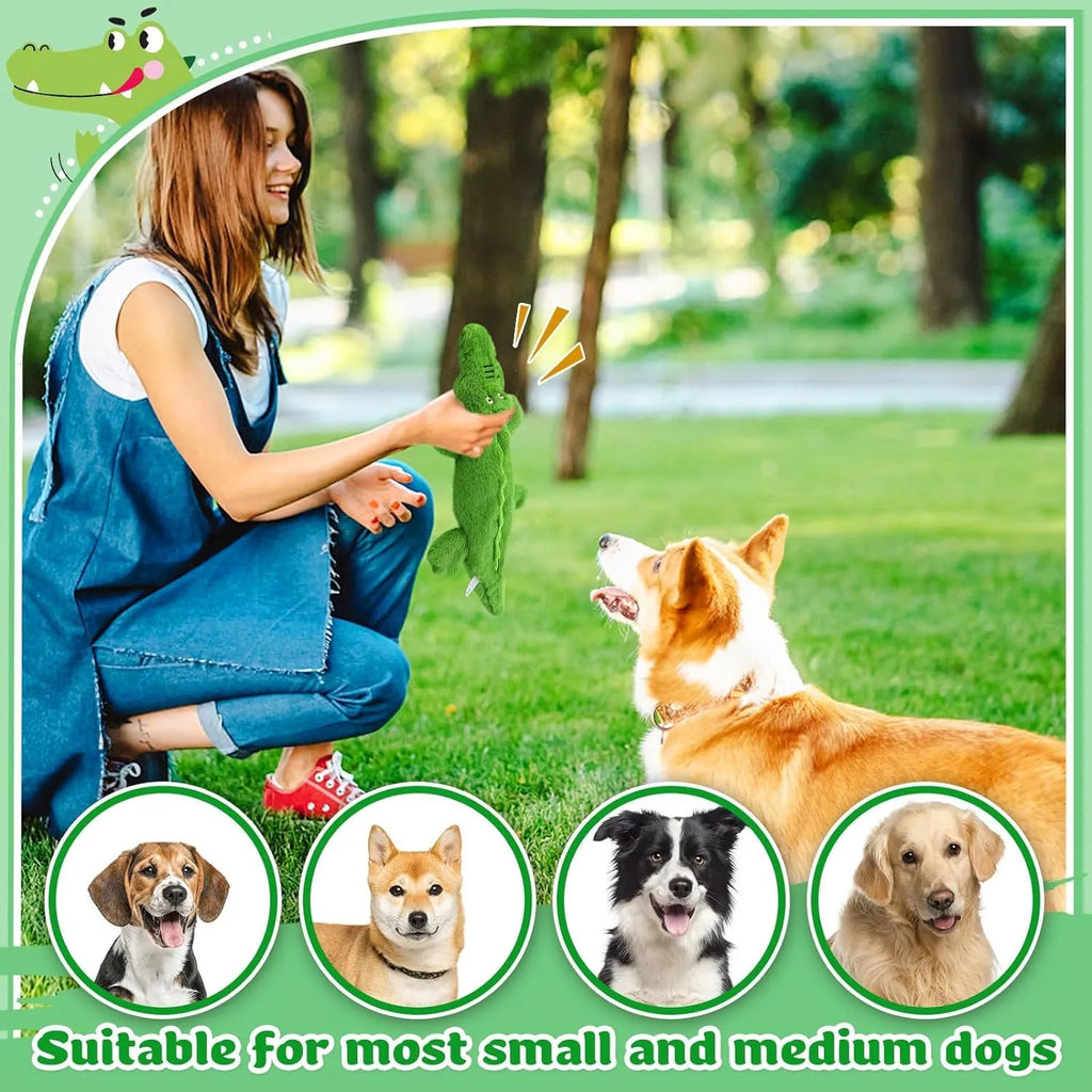 Green crocodile plush dog toy with stuffing-free design for aggressive chewers measuring 20cm
