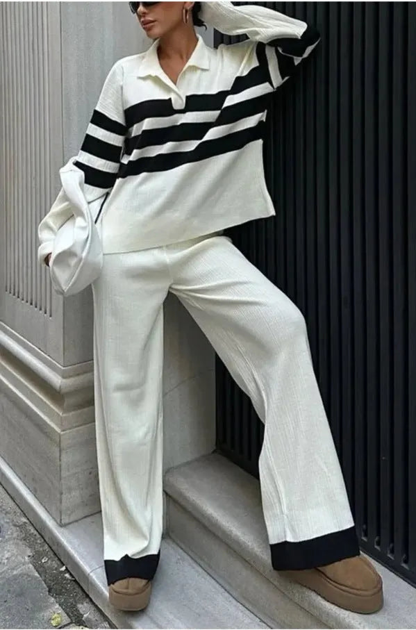 Women's black and white striped polo collar knitted shirt with contrasting trousers two-piece set
