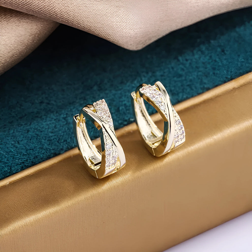 Geometric copper earrings with 14K yellow gold plating and zircon crystals