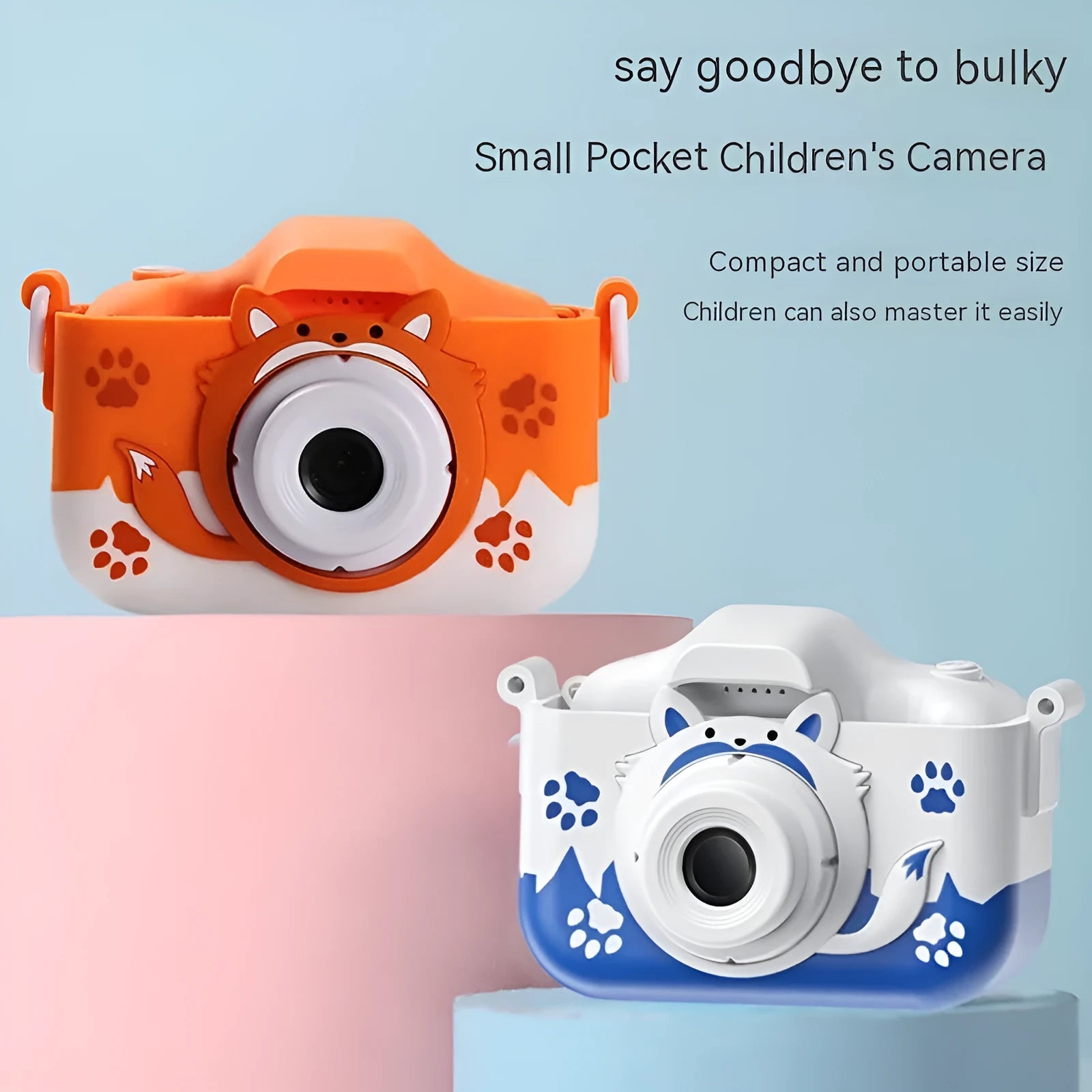 HD cartoon children's digital camera in blue with lanyard and compact 8.7cm design