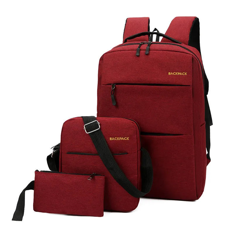 Men's USB charging three-piece nylon computer bag set in black, showing compartments and shoulder straps.