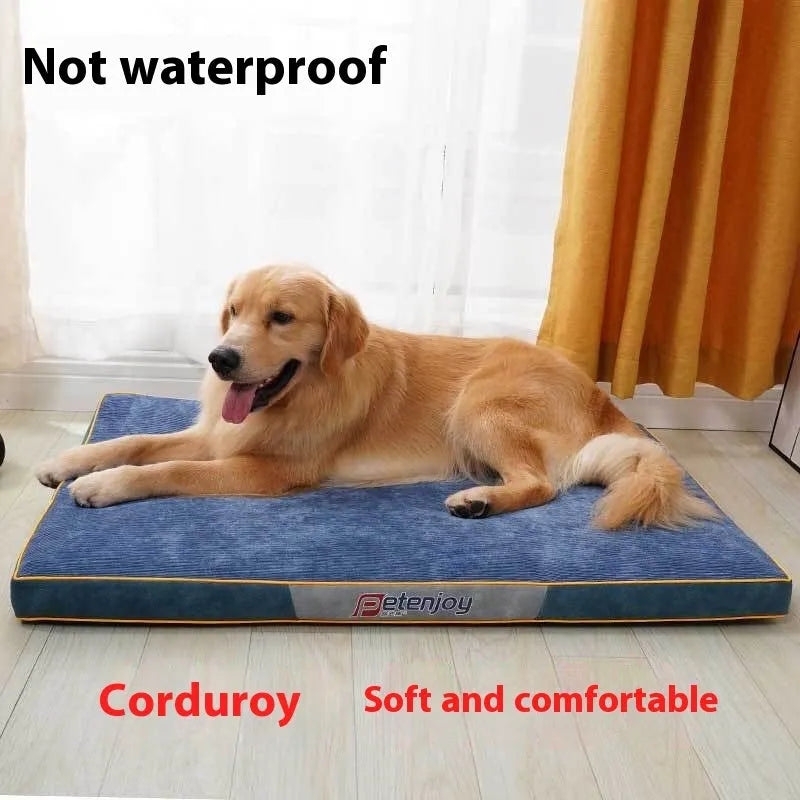 Oxford cloth waterproof scratch-resistant dog bed mat in Oxford blue, showing wooden base and size options for small to large dogs