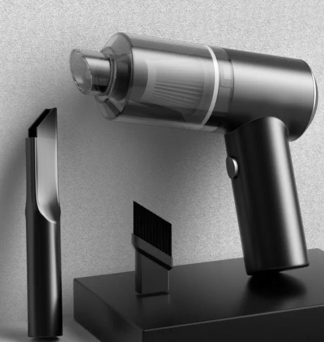 Black and white wireless car vacuum cleaner with nozzle and washable filter cup