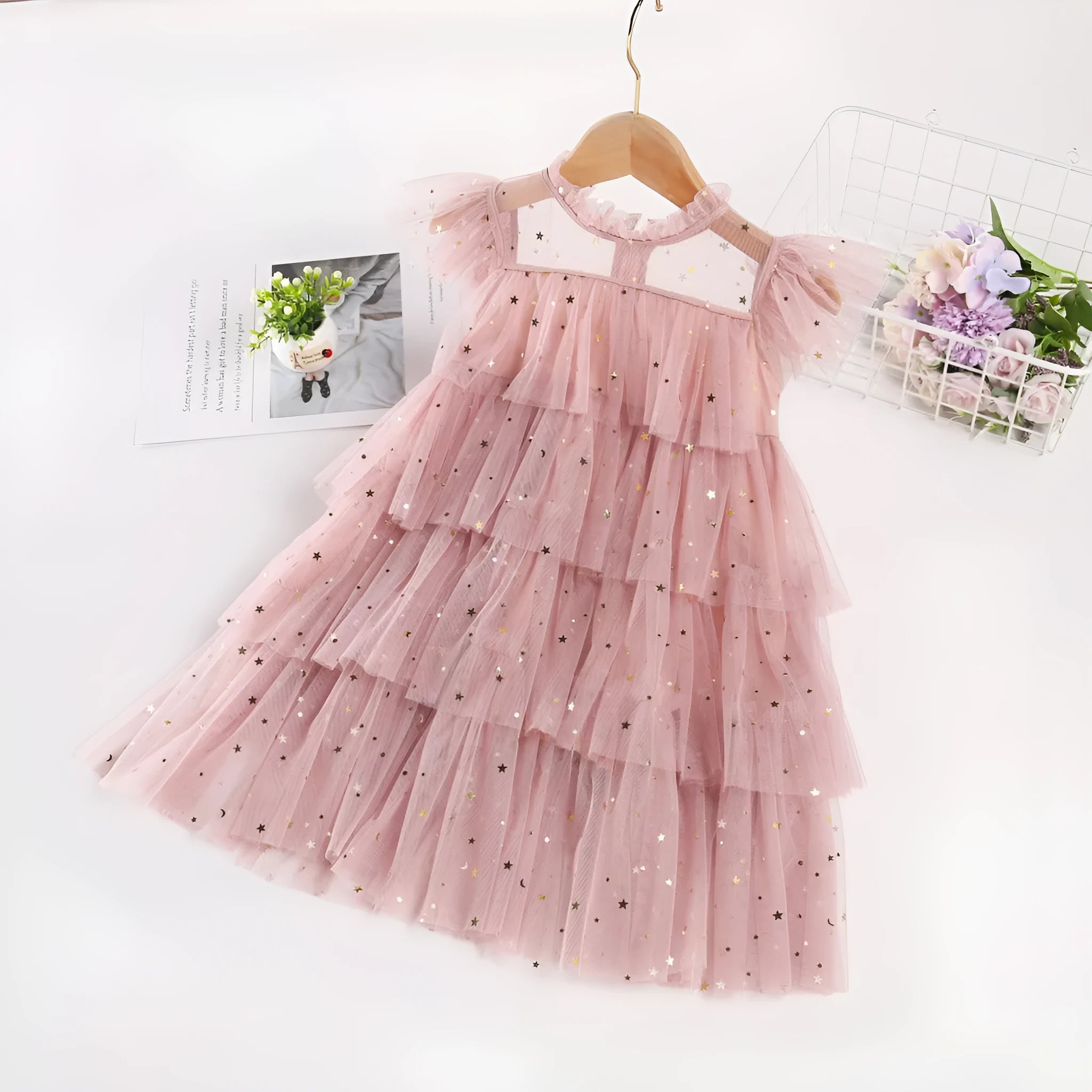 Girls' sleeveless fairy princess dress with star sequins and cake pattern, available in pink, blue, wine red, white, black and polka dot flounced sleeve, sizes 80-160cm